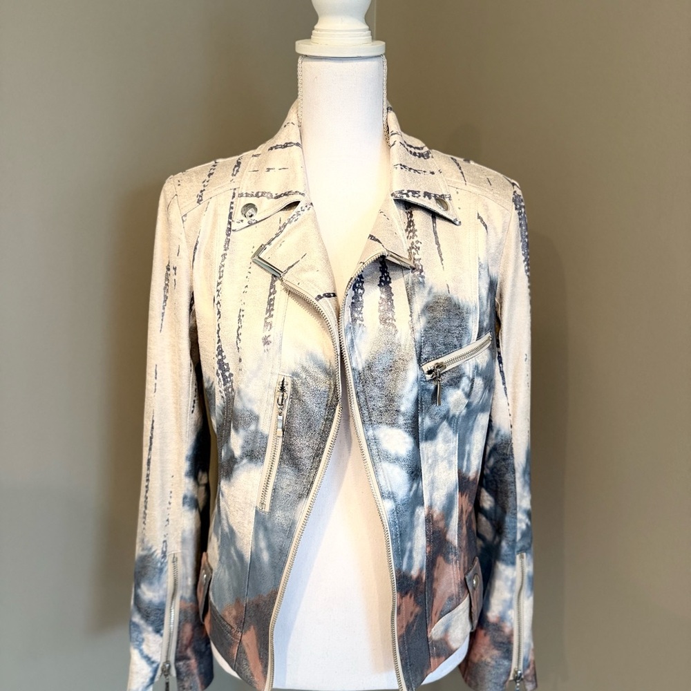 Insight Women's Artistic Vegan Leather Moto Jacket in Cream and Blue